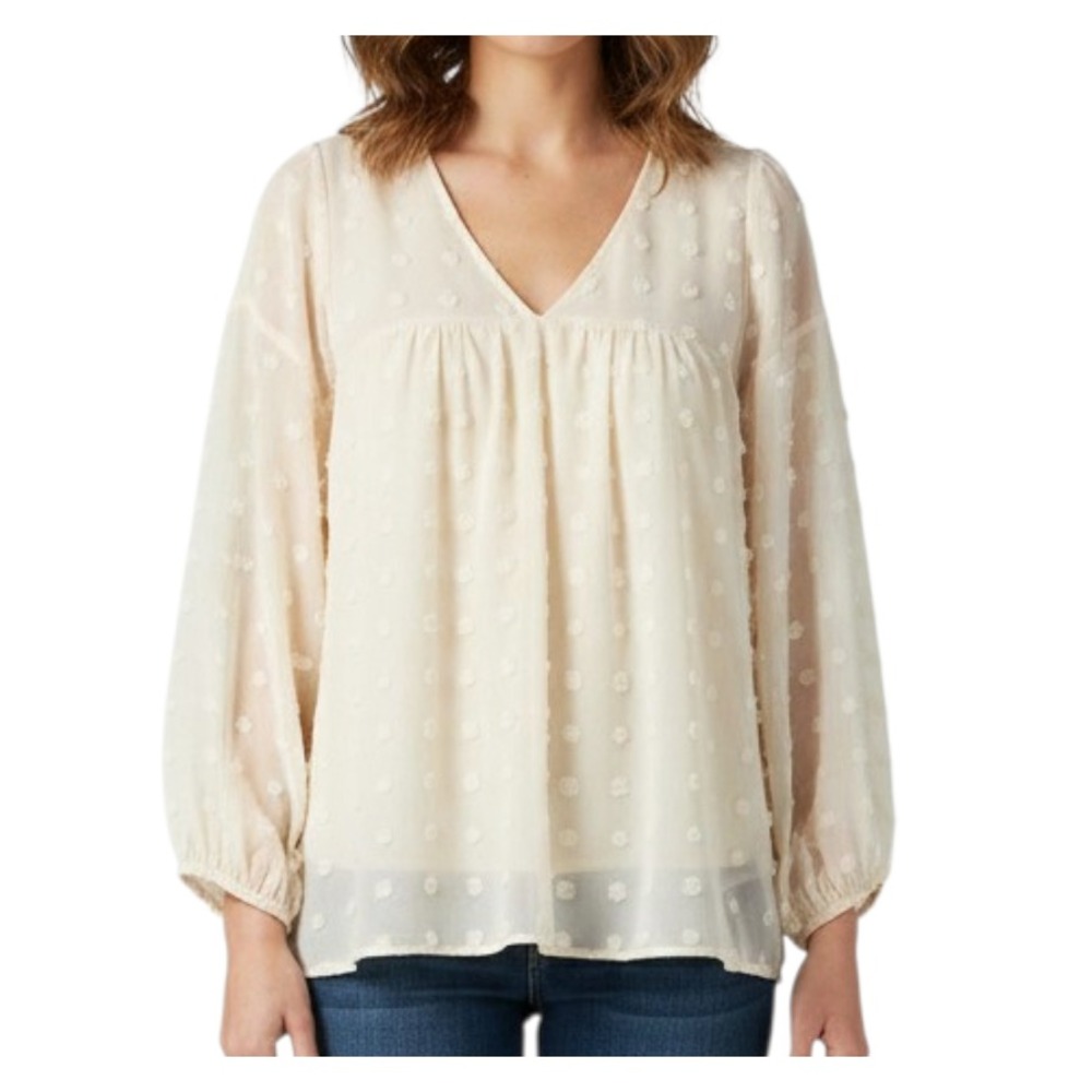 AND THE WHY Ivory CHIFFON V-Neck SWISS DOTS Sheer Neckline/Sleeves BLOUSE/TOP M